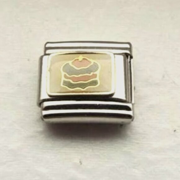 Birthday cake on white enamel 9mm stainless steel italian charm bracelet link - Picture 1 of 2